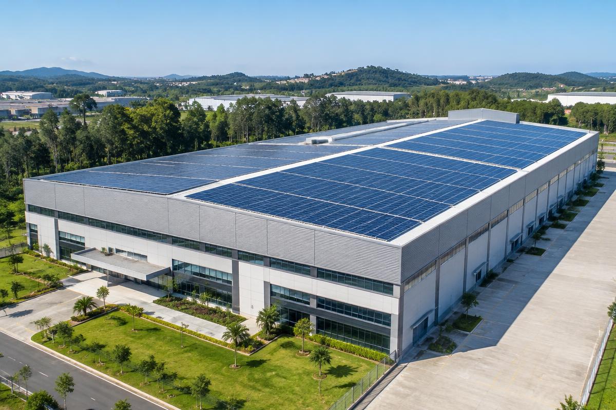 Empresa com uma grande instalação de painéis solares no telhado